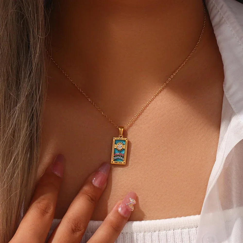 Sun Tarot Card Pendant Necklace 18K Gold Enamel Rectangle Stainless Steel - Picture 3 of 9